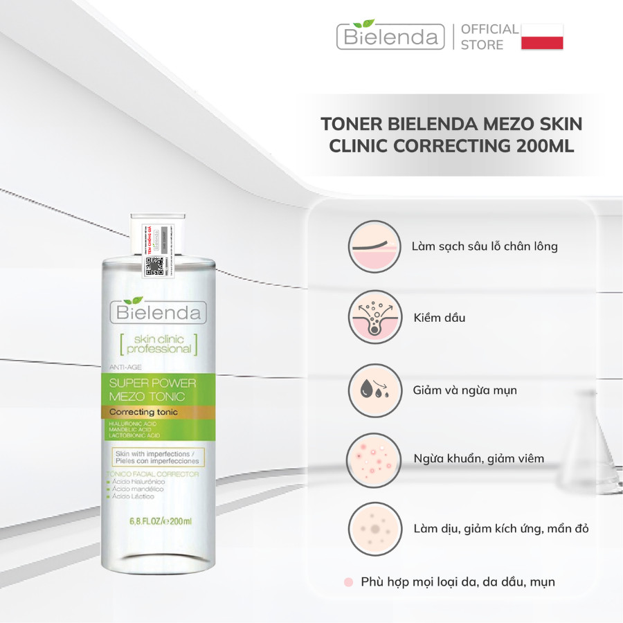 Toner Bielenda Mezo Skin Clinic Correcting hỗ trợ ngừa mụn, mờ thâm, căng bóng da 200ml