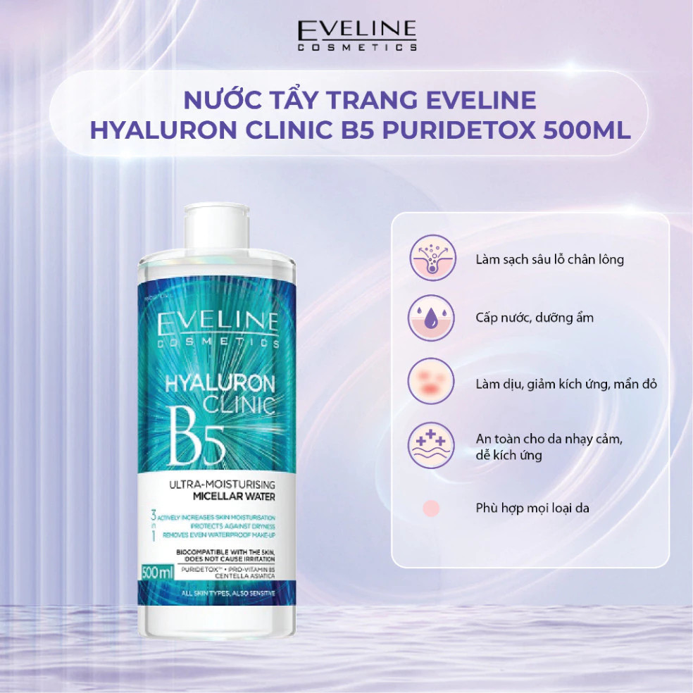 Nước tẩy trang Eveline Hyaluron Clinic B5 Puridetox làm sạch sâu cho da nhạy cảm 500ml