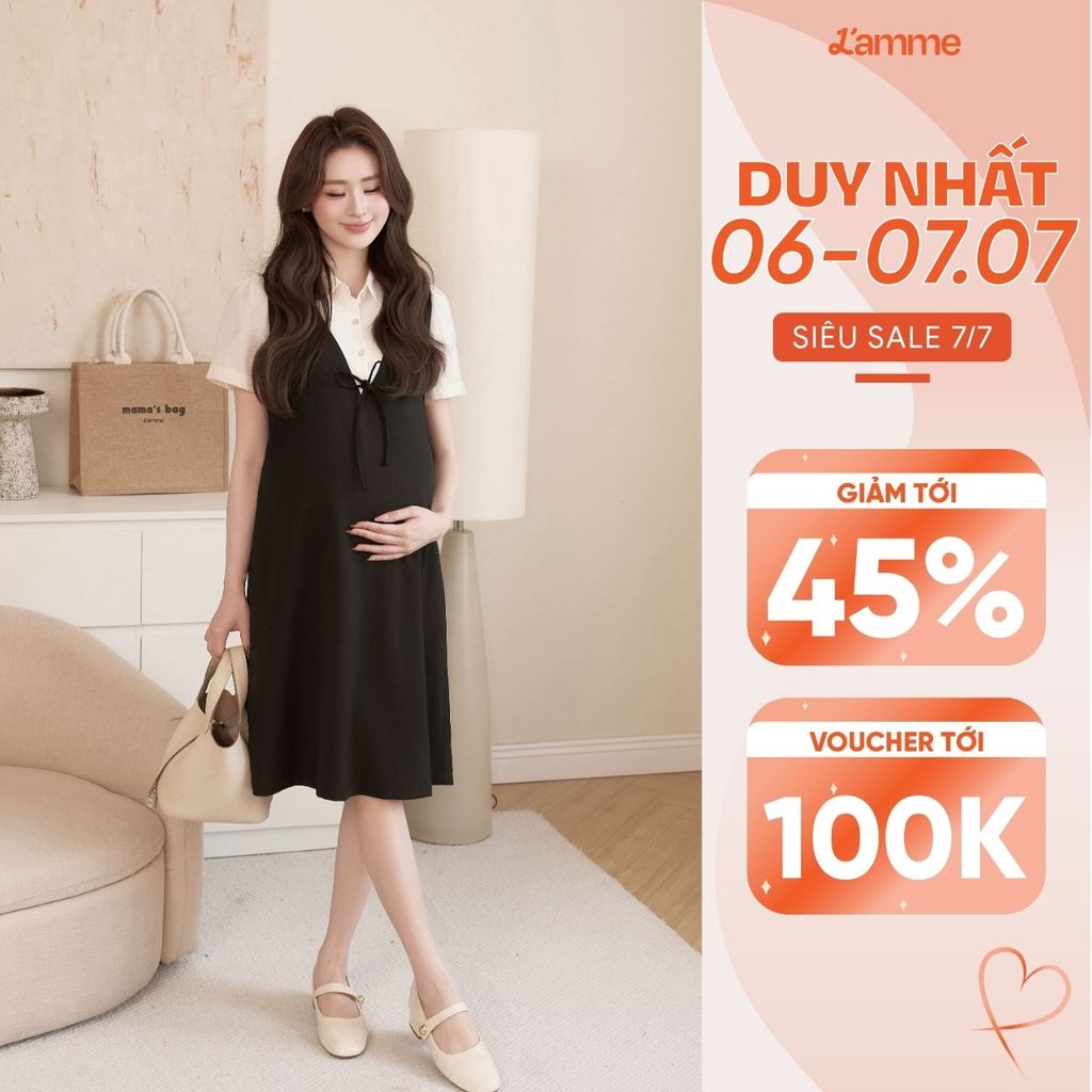 Váy Bầu LIZY DRESS Chất Liệu Chéo Ý Cao Cấp, Đầm Bầu Công Sở Giả 2 Lớp Phối Tơ Hàn Che Bụng Tốt - L'amme