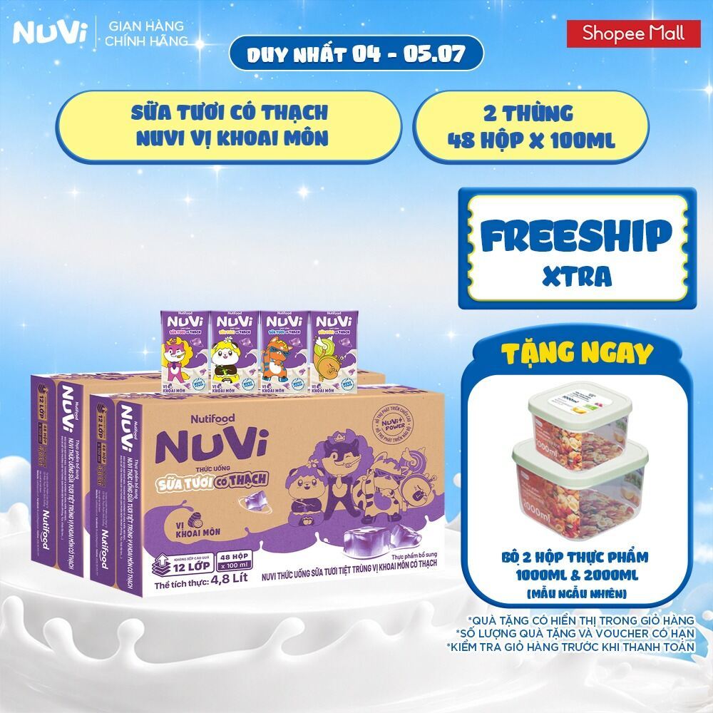 Combo 2 Thùng 48 Hộp NuVi Thức Uống Sữa Tươi Tiệt Trùng Vị Khoai Môn Có Thạch 100 ml