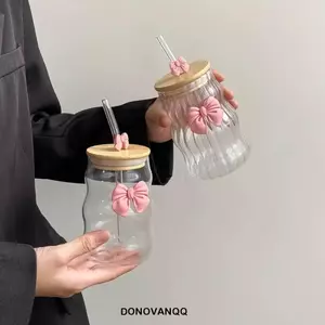 Cốc thủy tinh DONOVANQQ có nắp, Nơ có cốc thủy tinh sọc ống hút, Thiết kế gợn sóng đẹp mắt Cốc nước ép trong suốt cho bé gái