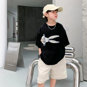 Bé Trai Mùa Hè Đen Hoạt Hình Thỏ Áo Thun Tay Ngắn 2026 Quần Áo Trẻ Em Bé Trai Mùa Hè Quần Áo Cotton Nguyên Chất Hàng Đầu Hợp Thời Trang RXFA