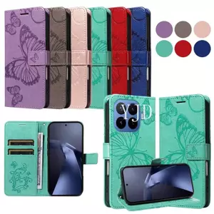 YJD Ốp Lưng Cho Xiaomi 17T Pro Big Bướm Da Khe Cắm Thẻ Dây Đeo Tay Chống Rơi Vỏ Điện Thoại