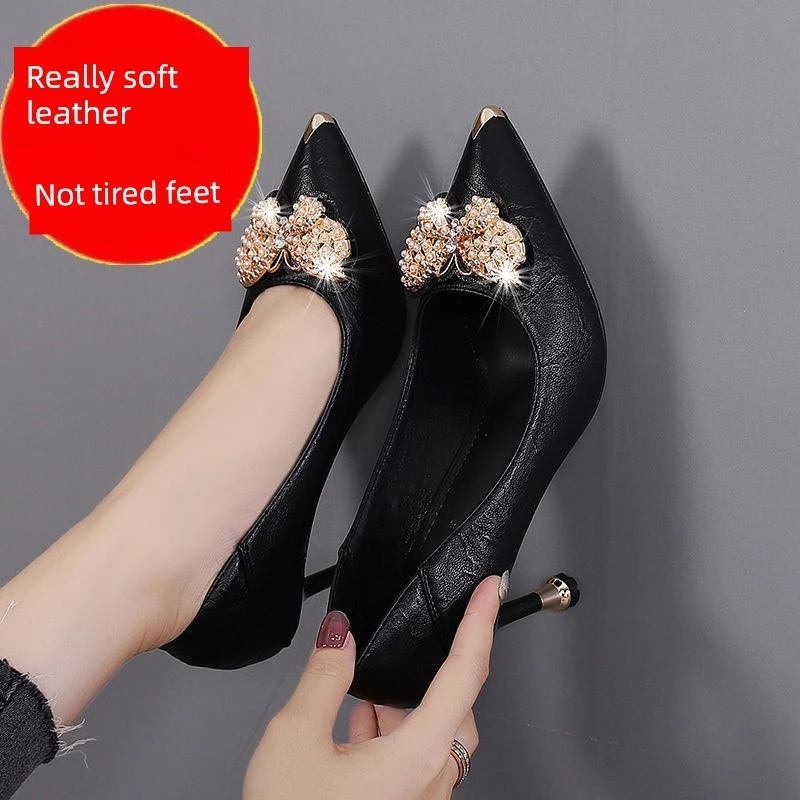 giày cao gót nữ cao gót 5 phân Nhà máy bán hàng trực tiếp giày cao gót da thật nữ nhọn tròn chống đá thời trang học sinh tiên nữ giày đơn nữ mũi nhọn bướm