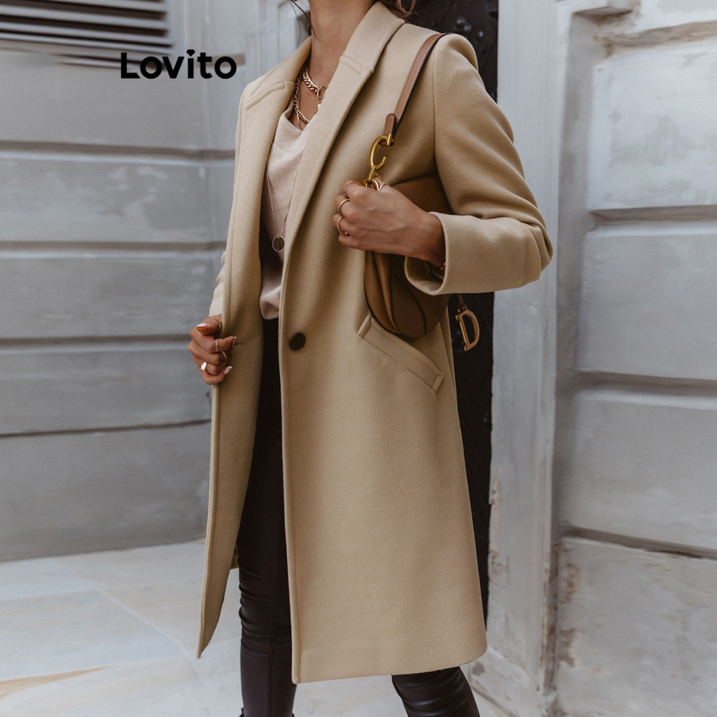 Lovito Áo khoác thông thường Túi trơn dài tay Áo khoác phía trước mở cho nữ LNX07219 (Tan / Đen)