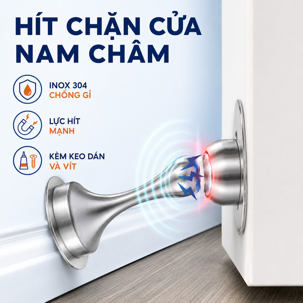 Hút Chặn Giữ Cửa Nam Châm Chống Va Đập, Hít Cửa Inox 304, Không Cần Khoan Kèm Keo 3m Dán Sàn Và Vít,