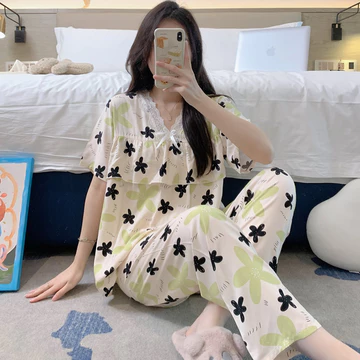 đồ ngủ nữ cute set xinh Đồ ngủ nữ mùa hè nữ mùa hè 2024 phong cách mới cotton lụa nữ ngắn tay quần dài mặc nhà bộ đồ mùa xuân và mùa thu