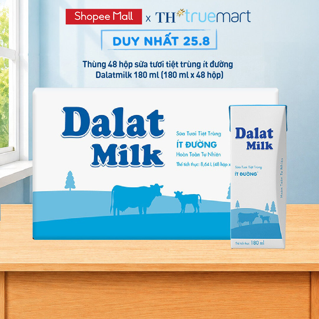 [LIVE STREAM] Thùng 48 hộp sữa tươi tiệt trùng Dalatmilk ít đường 180 ml (180 ml x 48)