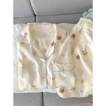 set thu đông nữ set đồ ngủ dài Bộ đồ ngủ sợi bông tinh khiết Yunduo quần dài nữ dài tay bộ đồ mùa xuân và mùa thu áo khoác cardigan thiếu nữ dễ thương mùa hè