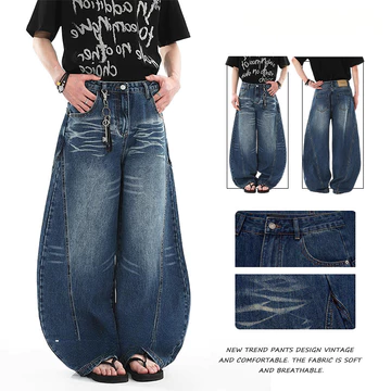 Quần Siêu Rời Nam Phong Cách Giặt Quần Ống Rộng Quần Màu Xanh Đậm Rời Quần Jean Mỹ Phong Cách Retro Quần Denim Quần Maong Quần Dạo Phố Quần Jeans Retro Thẩm Mỹ