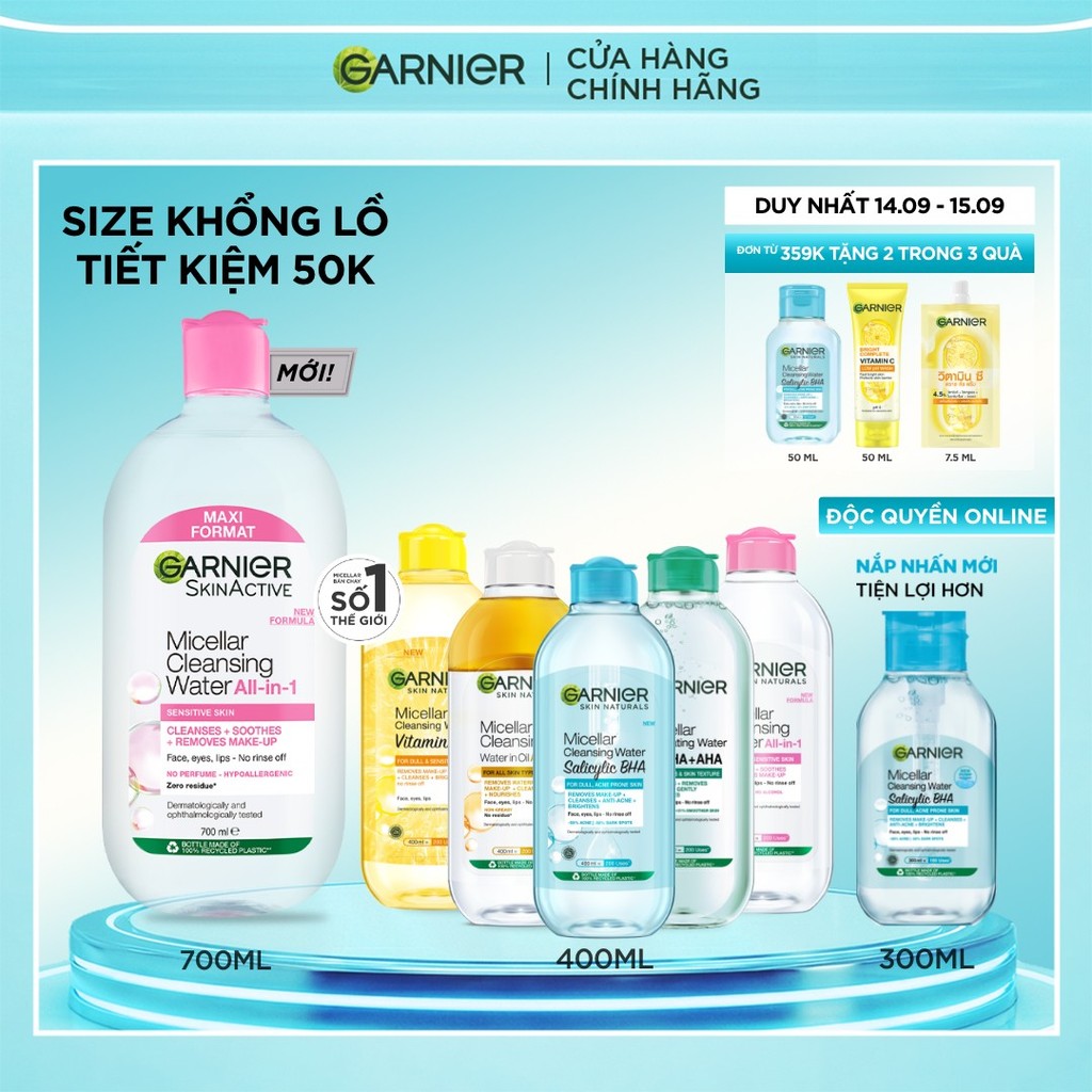 [CÓ SIZE MỚI] Nước Tẩy Trang làm sạch sâu dịu nhẹ cho mọi loại da - Garnier Micellar Cleansing Water 400ml & 700ml