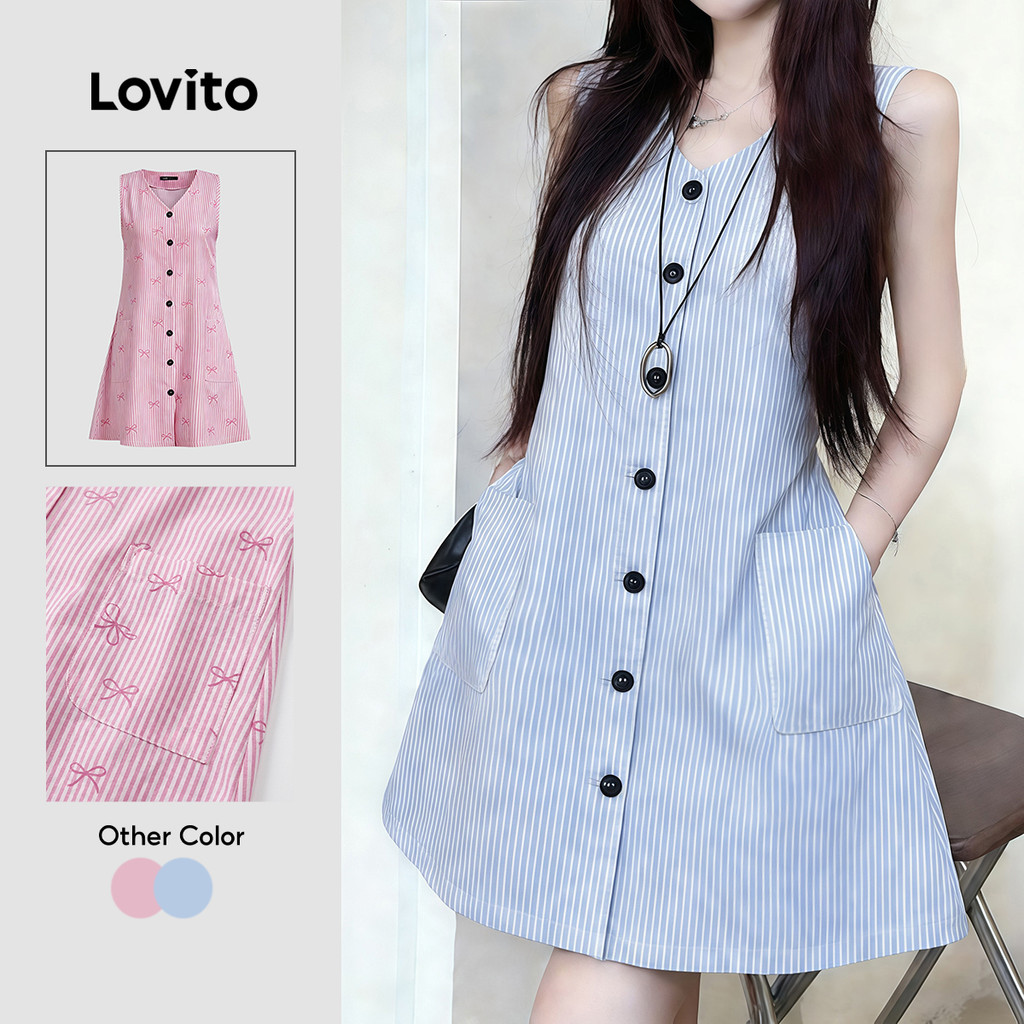 Đầm nữ Lovito Phong cách thường ngày xanh dương nhạt xuân hè thoải mái sành điệu nút trước kẻ sọc L178ED1484
