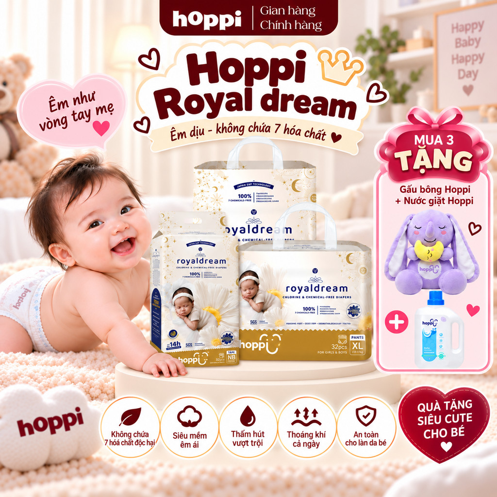 [M3] Bịch tã - bỉm Hoppi Royaldream cao cấp, thấm hút 14 giờ, an toàn cho bé (đủ các size)