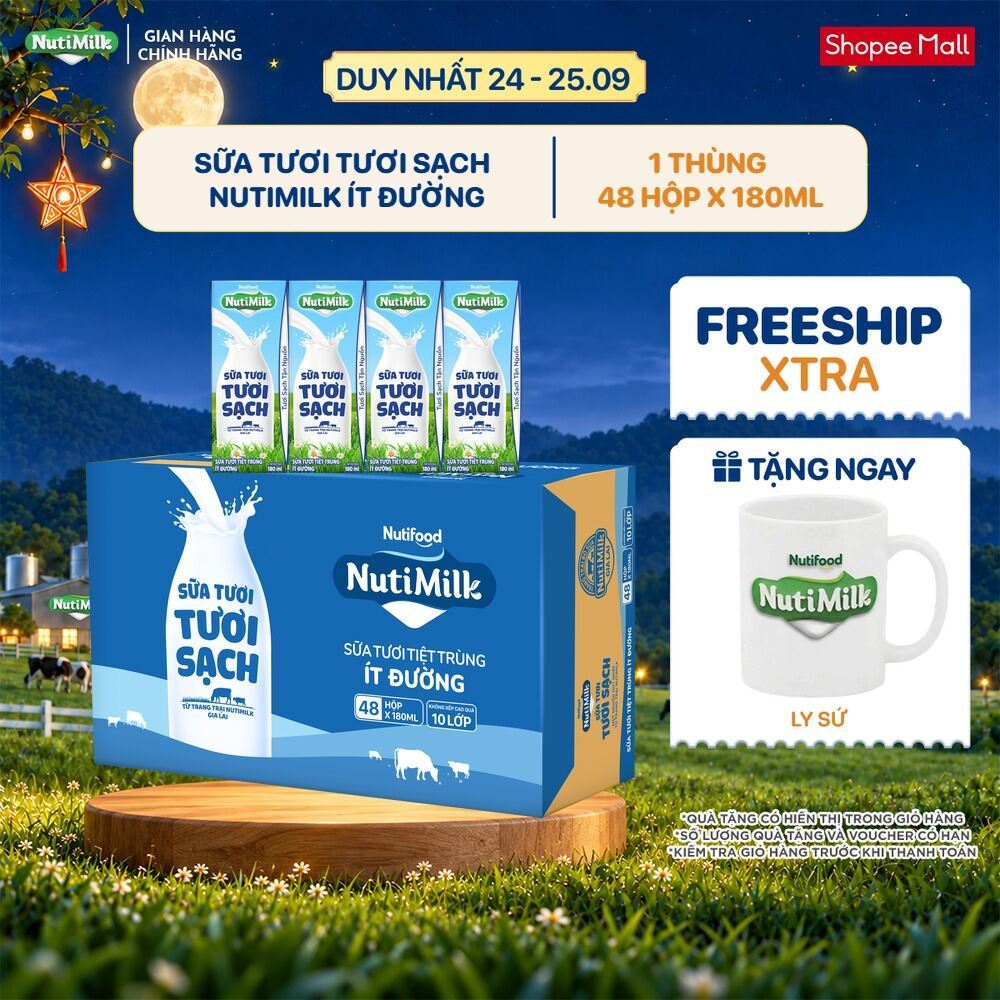 Thùng 48 Hộp Sữa Tươi Tươi Sạch NutiMilk Ít Đường 180ml