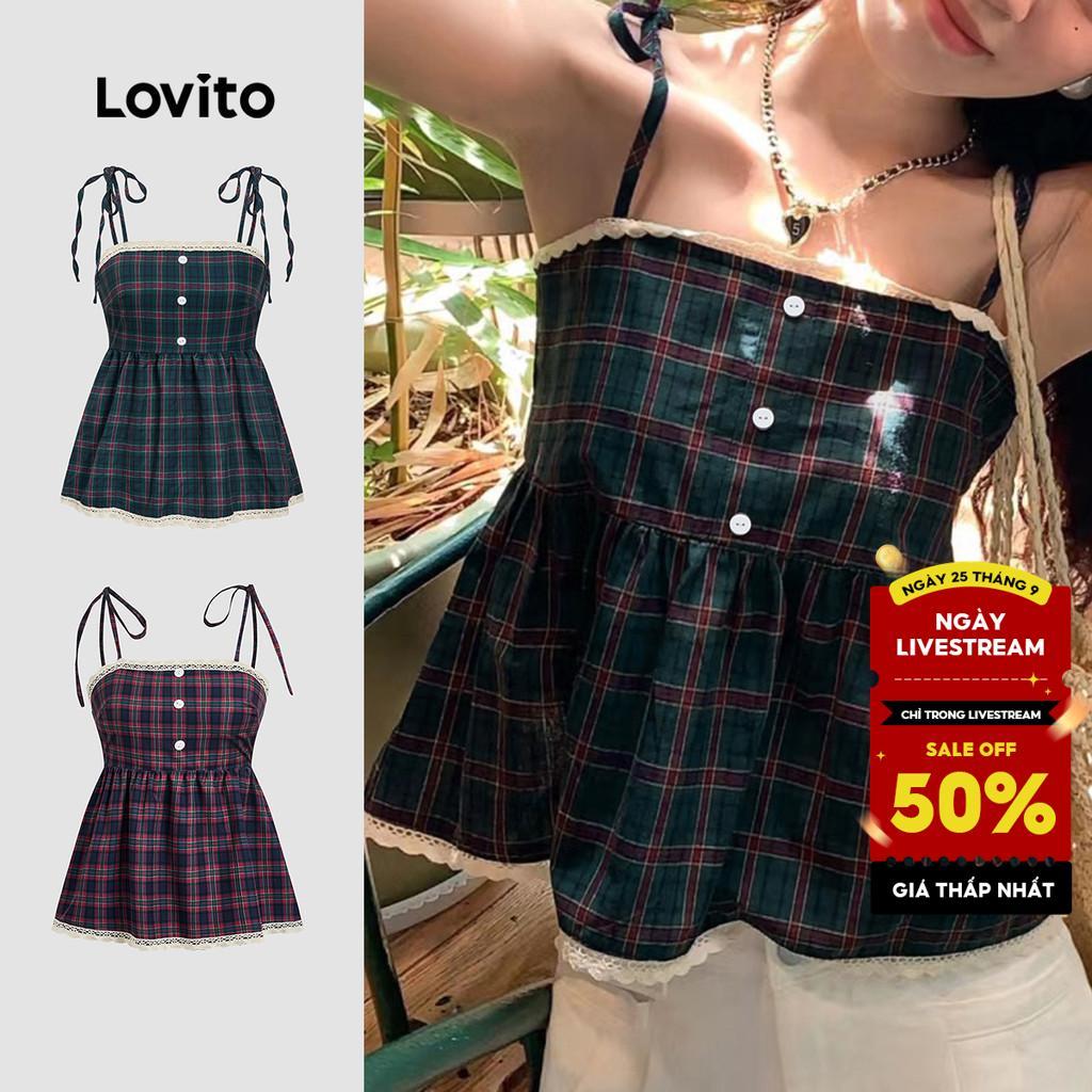 Áo sát nách Lovito kẻ caro viền cổ thắt dây phong cách thường ngày cho nữ L104ED086