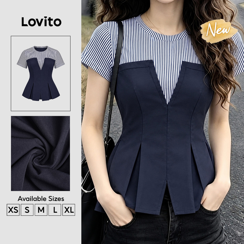 (New Arrival) Lovito Áo kiểu nữ màu Xanh dương đậm họa tiết sọc Tay ngắn cổ tròn giả 2 Trong 1 xếp Ly hình học Phong cách thường ngày mùa xuân hè cuối tuần BLK10P1D684