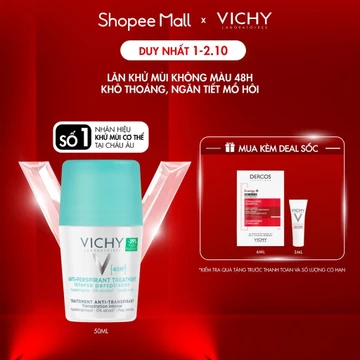 Lăn khử mùi Vichy khô thoáng, ngăn ngừa và giảm tiết mồ hôi 48H, không gây kích ứng, sạm da 50ml