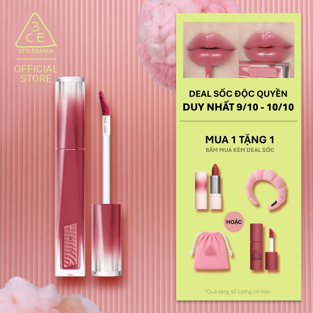 Son Tint Hiệu Ứng Pha Lê 3CE Misty Lip Bare Mỏng Nhẹ Trong Veo, Bền Màu, Mịn Mượt, Không Bết Dính