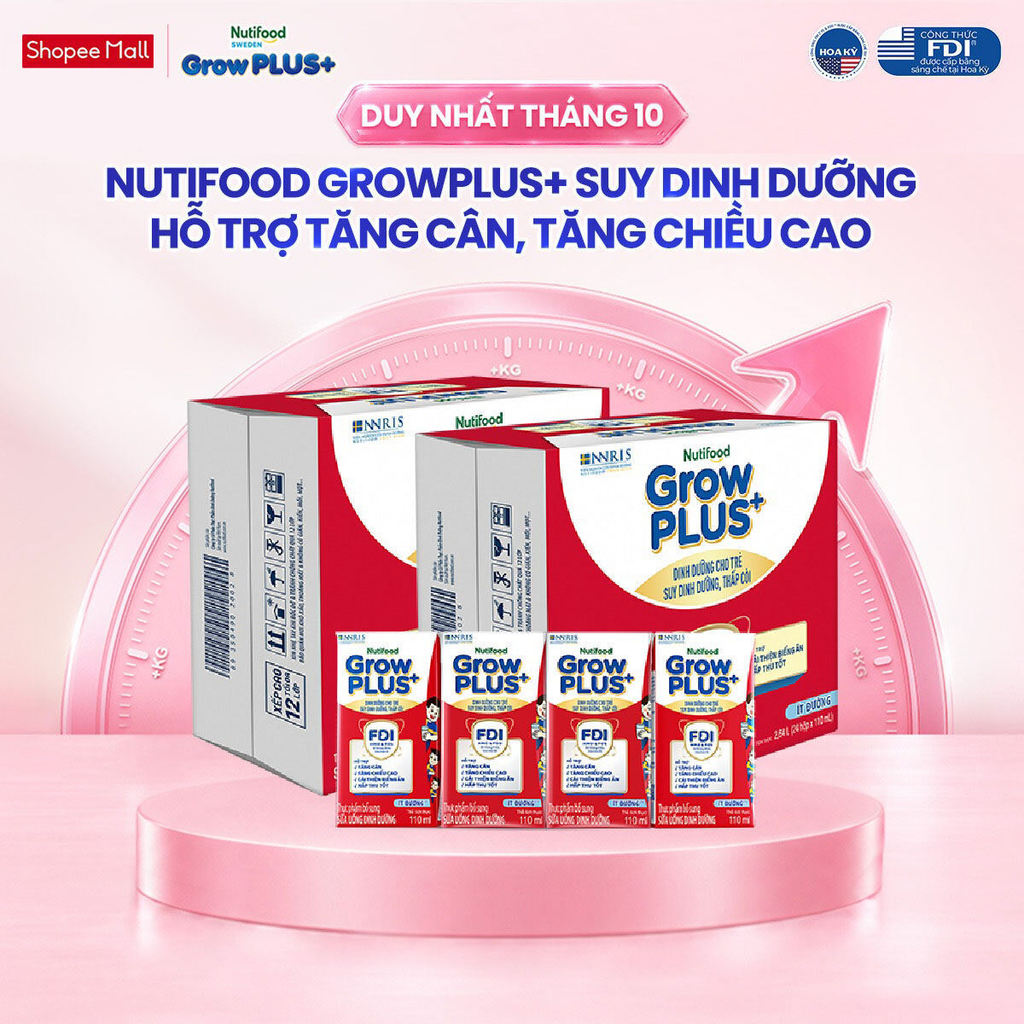 Thùng SBPS Nutifood GrowPLUS+ ít đường Suy Dinh Dưỡng - Tăng Cân, Tăng Chiều Cao (48 Hộp x 110ml) (Bao bì tùy lô hàng)