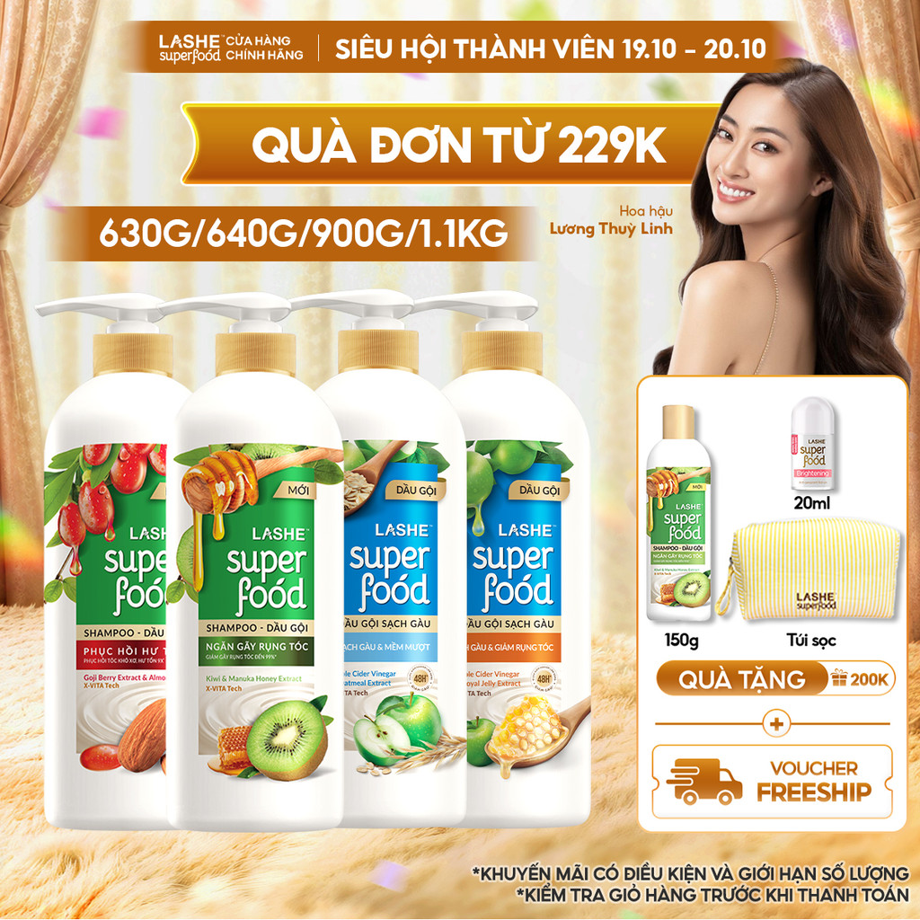 Dầu Gội LASHE SUPERFOOD Ngăn Gãy Rụng Tóc/Phục Hồi Hư Tổn /Sạch Gàu Giảm Rụng /Sạch Gàu Mềm Mượt 300G/ 640G/ 630G/ 1.1KG