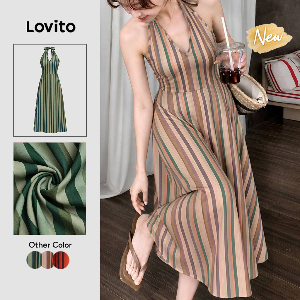 (New Arrival) Lovito Váy Kaki nữ dáng chữ a dài họa tiết kẻ sọc hình học Phong cách thường ngày Cho mùa xuân hè và cuối tuần DRK10P1D1130