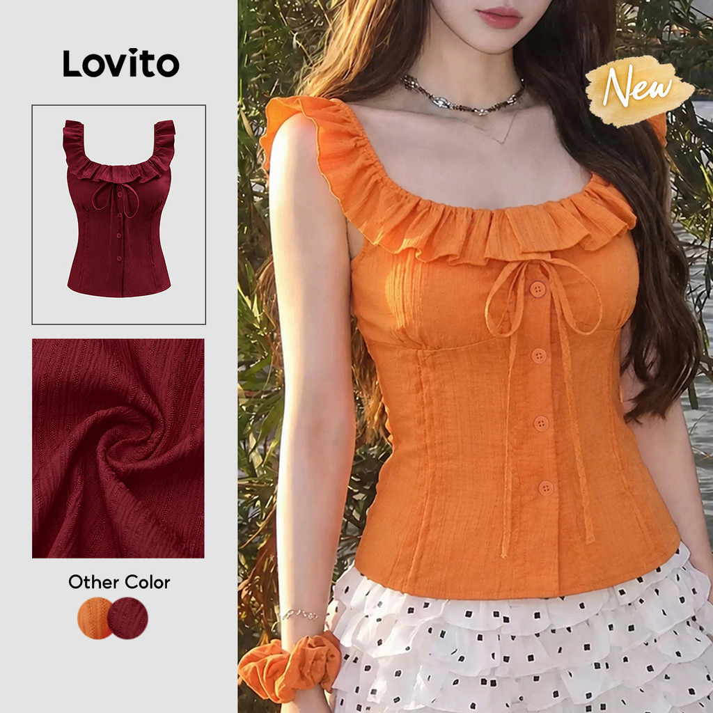 (New Arrival) Lovito Áo nữ màu Cam Phong cách thường ngày không Tay cổ vuông bèo nhún cài cúc xếp Ly mặc cuối tuần mùa xuân hè TKB204P1D204