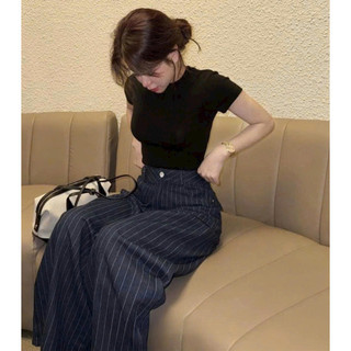 Quần  jeans giấy Kẻ Sọc Ống Rộng Màu Xanh Than Cạp Cao Tôn Dáng Chất Dày Dặn Dễ Phối Đồ