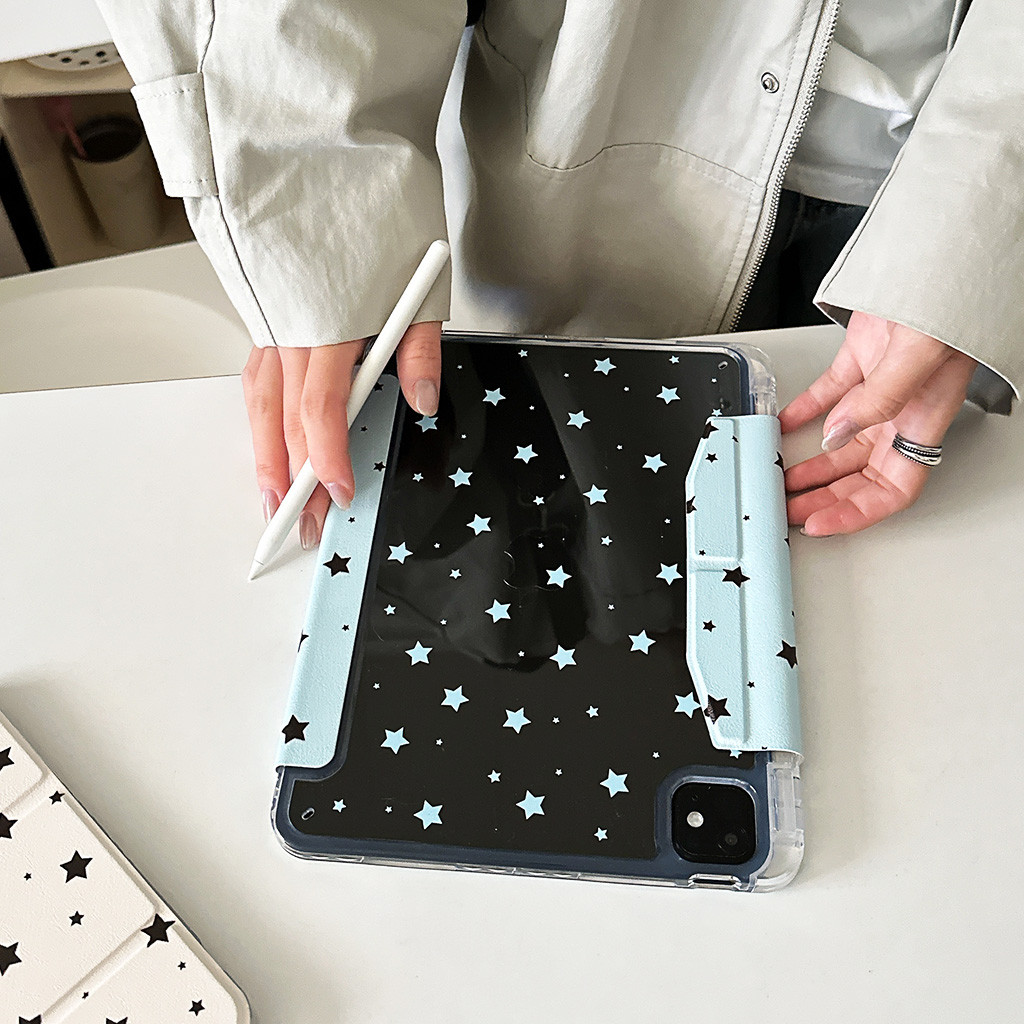Vỏ bọc gấp ba chữ Y Da đen Ngôi sao cho Mini6 Mini7 A17Pro IPad 5 6 7 8 9 10 11 A16 Air 2 3 4 5 6 7 Air 11 M2 M3 Pro10.5 Pro11 2018 2020 2021 2022 M4 Pro13 Khe cắm bút chì 2024