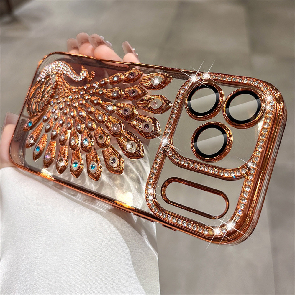 Ốp điện thoại hình con công Flash Diamond 3D cho iPhone 17 Pro Max 16 13 14 15 Pro Max Air 15 16 plus Phim bảo vệ gương chống rơi Vỏ mềm TPU vỏ bảo vệ điện thoại