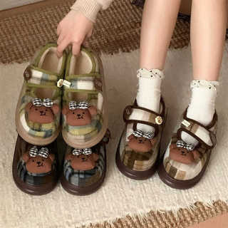 XIXITIAO Mary Jane Giày Cotton Đế Dày Thoải Mái Nữ Dễ Thương Gấu Mùa Đông Lông Cừu Lót Bên Ngoài Mặc