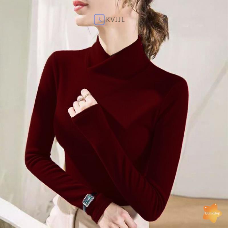 Áo thun nữ dài tay giữ nhiệt, hai mặt nhung, cổ chéo mỏng, vừa vặn