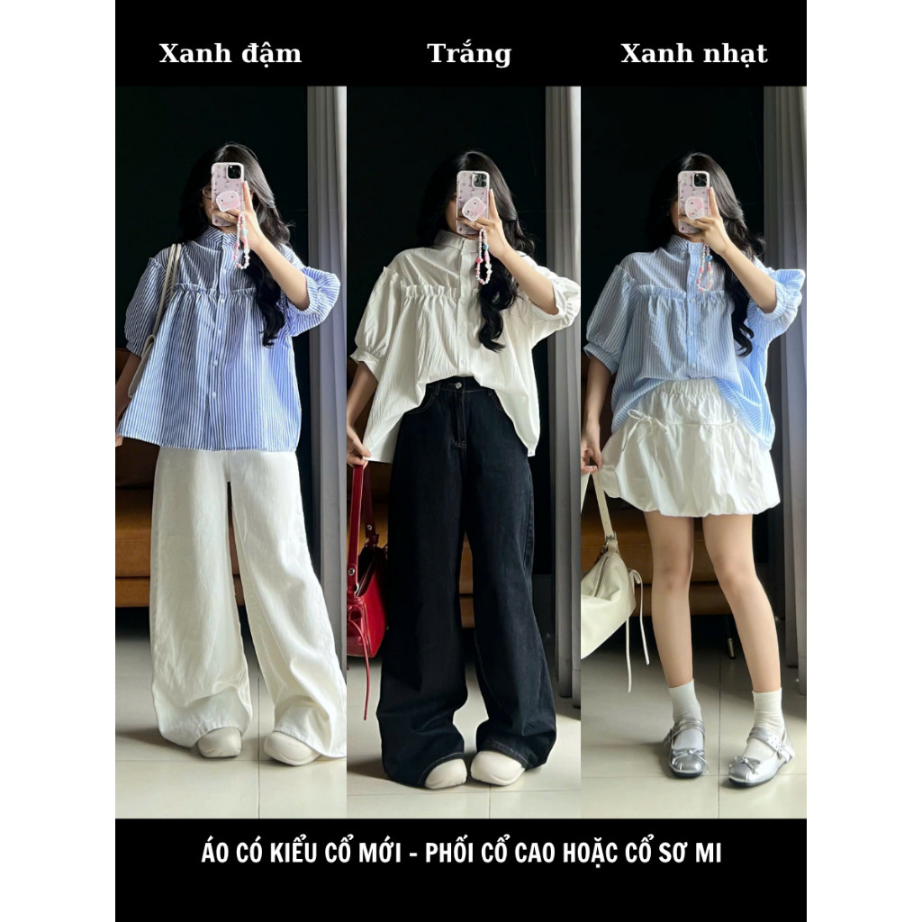 Áo kiểu babydoll tay ngắn phối bèo thiết kế tay phồng cổ trụ thời trang hàn quốc sang trọng, xinh xắn- A199