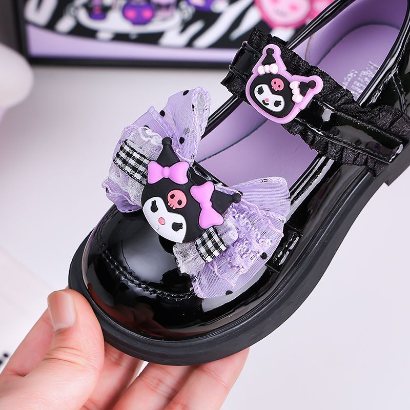 Giày Da Bé Gái Kuromi Xuân Thu Phong Cách Mới Trẻ Em Nơ Giày Công Chúa Bé Gái Đế Mềm Gothic Giày