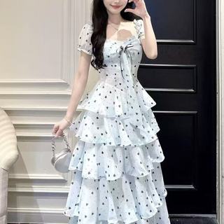Đầm dài dáng ôm eo, cổ vuông kiểu Pháp, họa tiết chấm bi trái tim, màu cam, dành cho nữ mùa hè