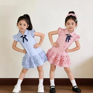 ✿ Bé Gái Hàn Quốc Preppy Cổ Đầm Ngọc Trai Nơ Xù Viền Thường Ngày Mùa Hè Thoáng Khí Trang Phục Đi Học