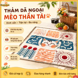 Thảm dã ngoại họa tiết mèo may mắn, khăn trải ghế sofa, thảm cắm trại, thảm bãi biển, thảm chụp ảnh, dễ gấp gọn