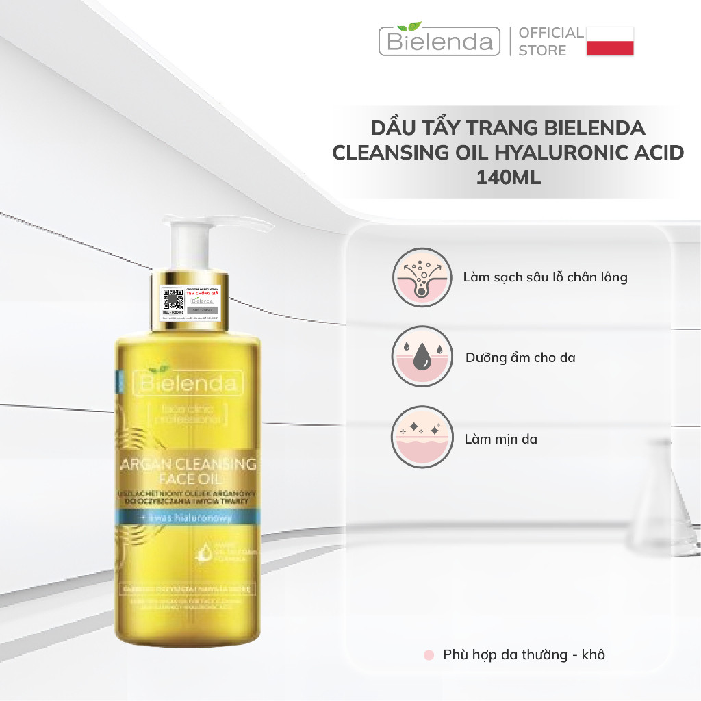 Dầu tẩy trang Bielenda Cleansing Oil Hyaluronic acid làm sạch sâu, dưỡng ẩm cho da thường, da khô 140ml