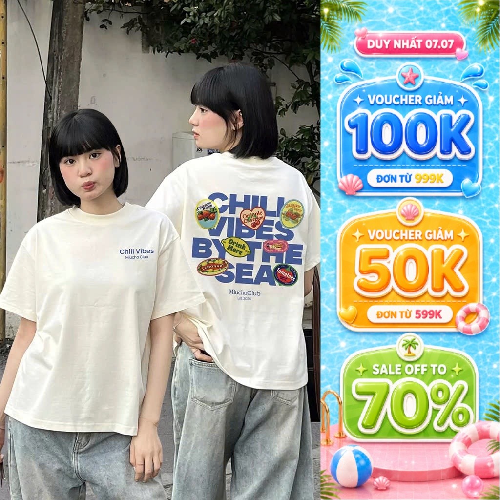 Áo Thun Boxy Miucho Chill Vibes Thoáng Mát Tay Ngắn Cổ Tròn Đứng Form In Mix 2104