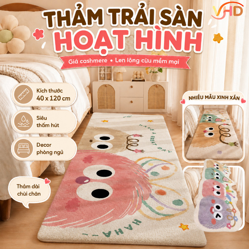 Thảm Trải Sàn Giả Cashmere Len Lông Cừu Mềm Mại 40*120cm,Thảm Dài Chùi Chân Hoạt Hình Siêu Thấm Hút Decor Phòng Ngủ