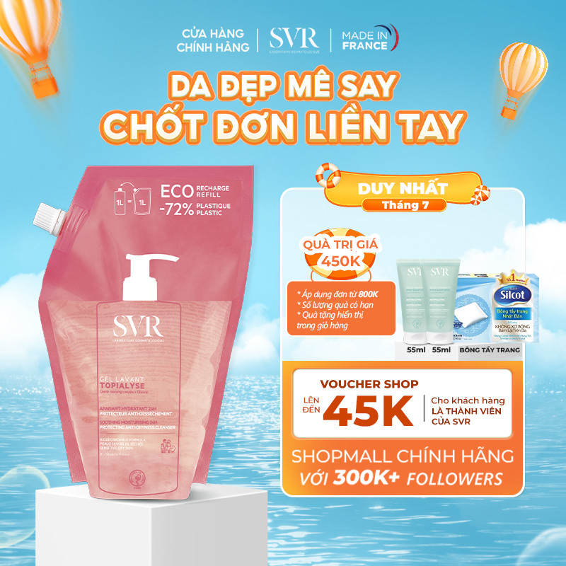 Gel làm sạch cho da nhạy cảm, da khô và viêm da cơ địa SVR TOPIALYSE Gel Lavant 1L Refill