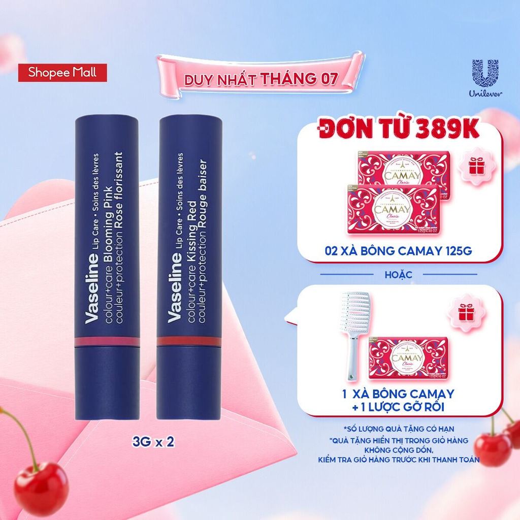 Combo 2 Son dưỡng môi Vaseline Colour+Care Kissing Red & Blooming Pink 3g