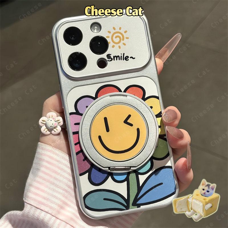 Ốp điện thoại xoay kim loại hình mặt cười hướng dương đầy màu sắc cho iPhone 17 16 15 14 Pro Max 13 12 11 Xs XR