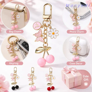 WANYEDI Cherry Móc Khóa, Lớp Phủ Men Mini Trái Cây Móc Khóa, Trang Sức DIY Hoa Bướm Trang Trí Tai Nghe Mặt Dây Chuyền Túi Xách Phụ Kiện Trang Trí