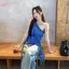 HFSHY Màu Xanh Không Đều Chấm Bi Nữ Mùa Hè Xù Viền Không Tay Áo Thiết Kế Áo Thun VN