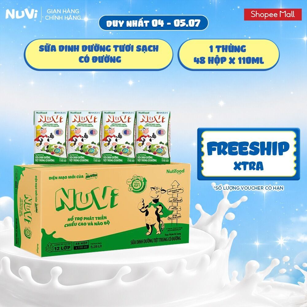 Thùng 48 Hộp Sữa Dinh Dưỡng Tươi Sạch NuVi Có Đường 110ml