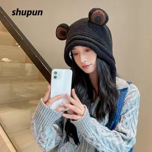 Mũ len SHUPUN, Mũ ếch dễ thương chống gió, Mũ Skullies hoạt hình ấm áp ngoài trời mùa đông dành cho nữ