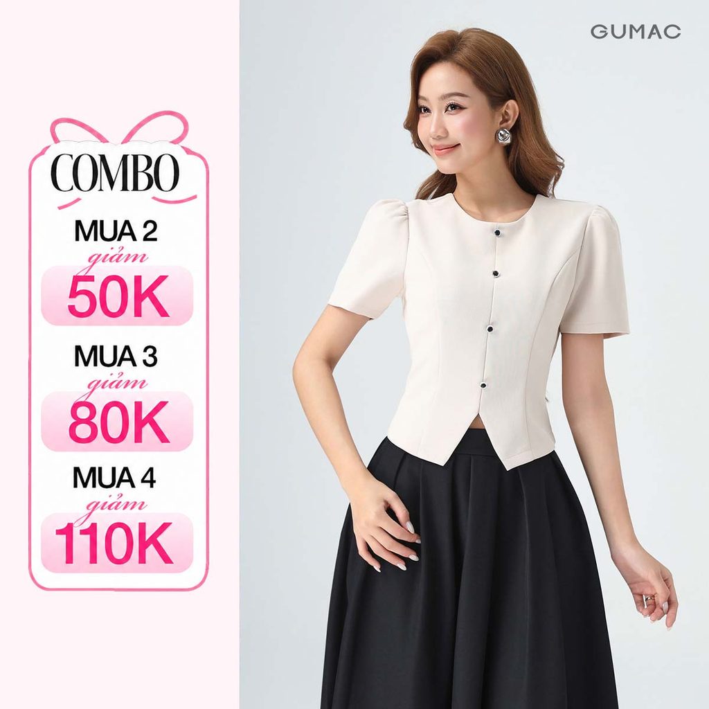 Áo Kiểu Nữ GUMAC Form Lửng Tay Ngắn Thiết Xẻ Lai V Đính Nút Trang Trí Thanh Lịch LAG0414