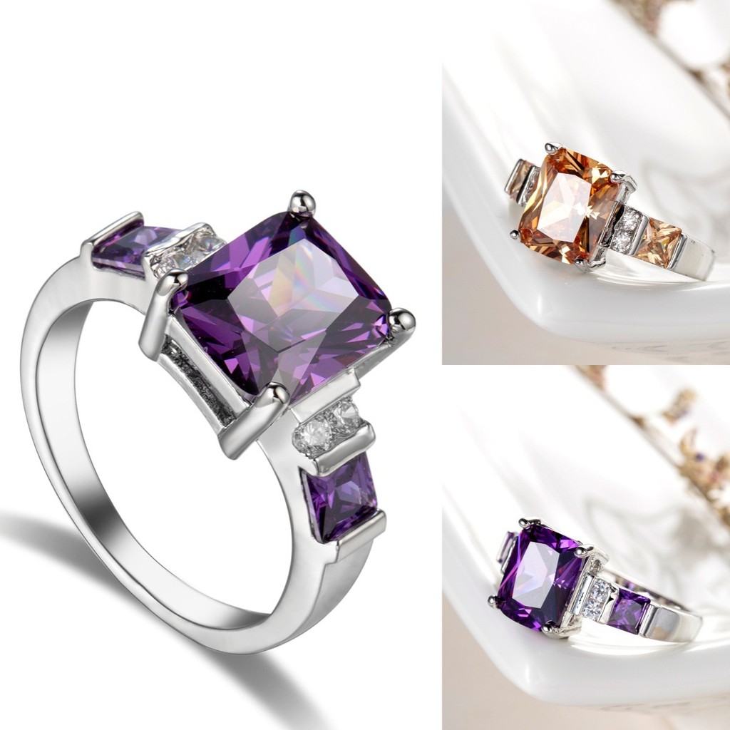 Nhẫn Nữ Sang Trọng Bạc 925 Tím Zircon Nhẫn Đá Màu Bạc Tình Yêu Vuông Zircon Hứa Nhẫn Cưới Cho Nữ Anillos Mujer