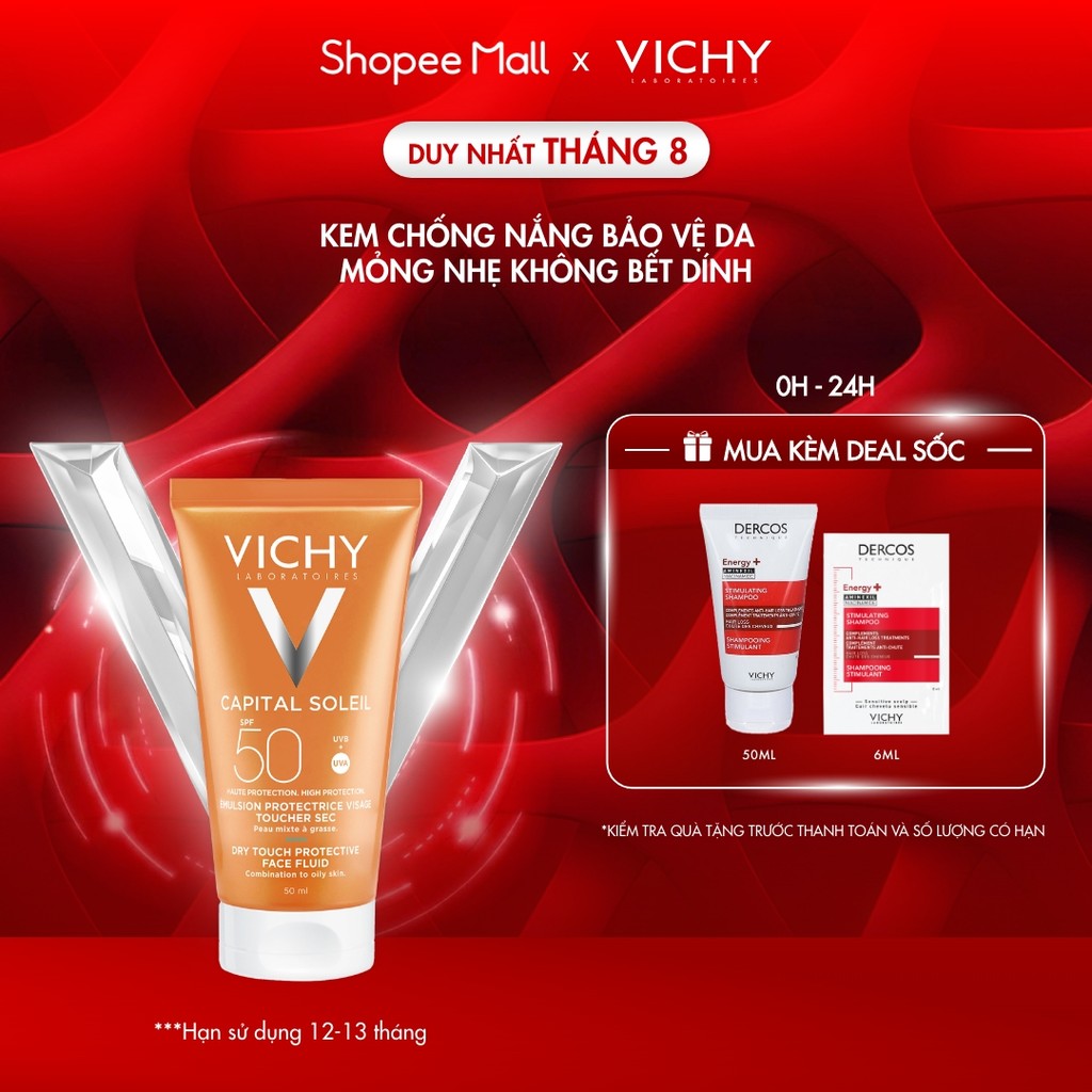 Kem chống nắng bảo vệ da mỏng nhẹ không bết dính SPF 50+ UVA & UVB Vichy Capital Soleil Dry Touch