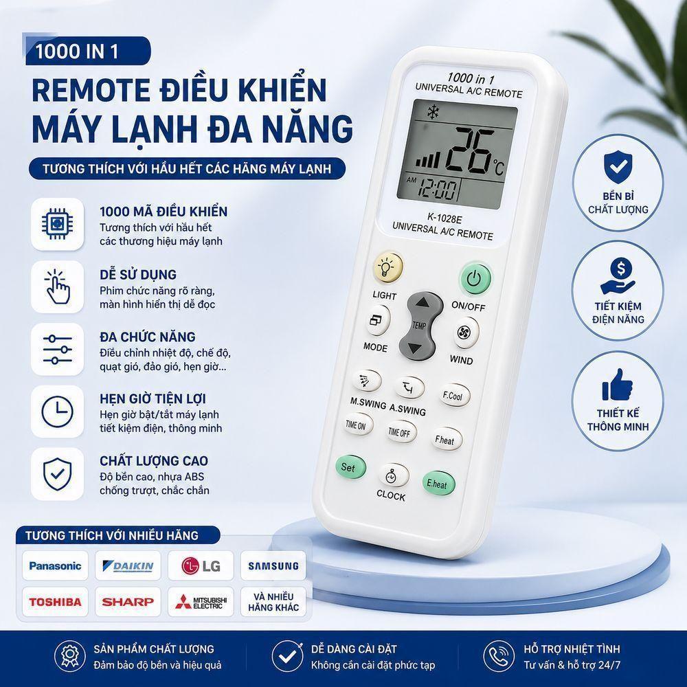 Remote Máy Lạnh Đa Năng HUICHENG K-1028E, Điều Khiển Điều Hòa Nhiều Hãng Có Dò Mã Tự Động Màn Hình LCD